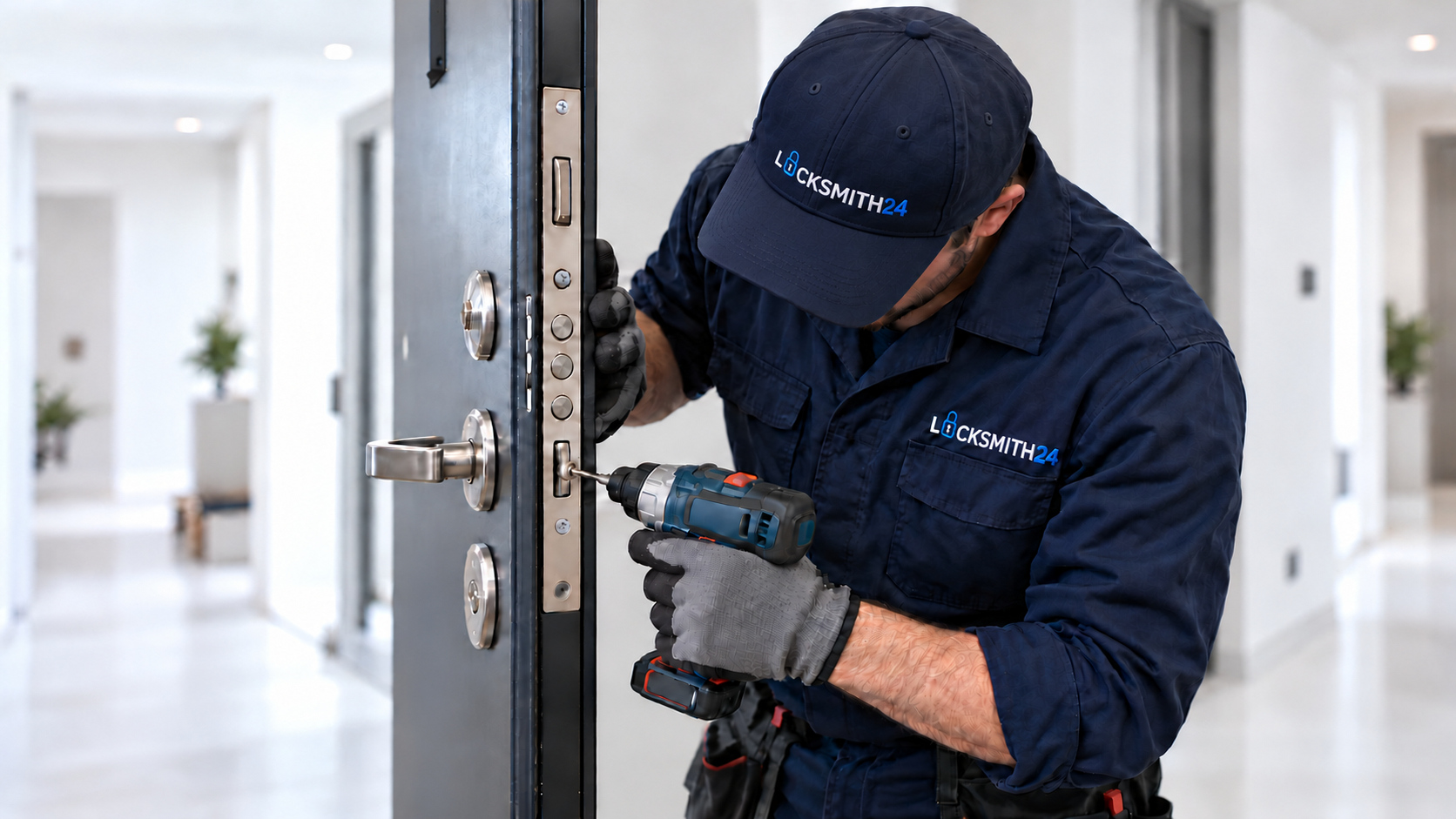 Иллюстрация сервиса Locksmith24: мастер в фирменной кепке locksmith24.kz ремонтирует механизм открытой двери
