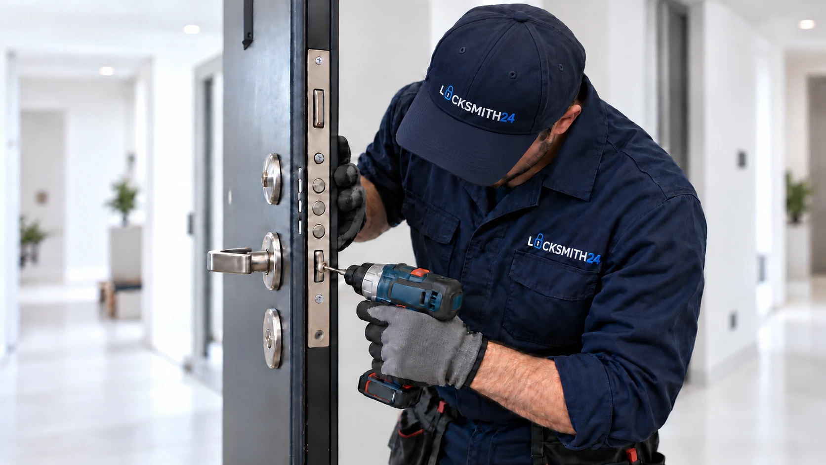 Иллюстрация: мастер Locksmith24 работает с механизмом двери